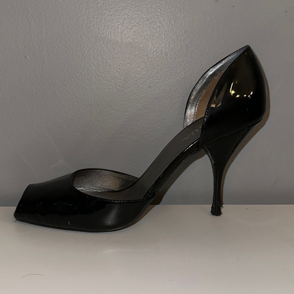 Prada D’Orsay Black Peep Toe Square Toe Patent Leather Heel Pump Size 8 38